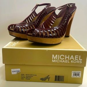 Michael Kors south side sling platform burgundy patent sandals 7 1/2